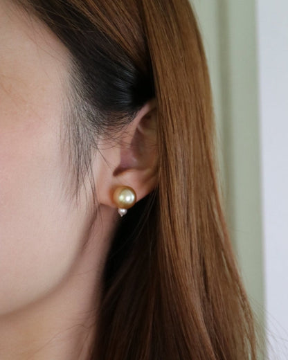 10mm Golden South Sea Pearl 4mm White Akoya Pearl Diamond Earrings 18K Yellow Gold - KOKOPEARLJEWELRY - 3