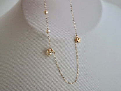 Little Heart Pendant & Akoya Pearl Chain Bracelet K10YG