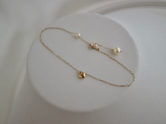 Little Heart Pendant & Akoya Pearl Chain Bracelet K10YG