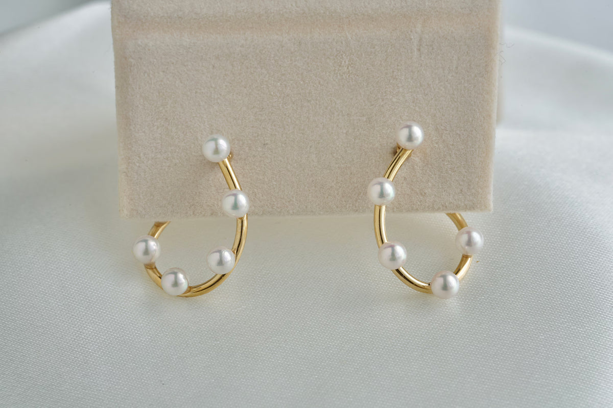 Rare Size 2.5mm Akoya Pearl Curved Hoop Earrings 18K Yellow Gold