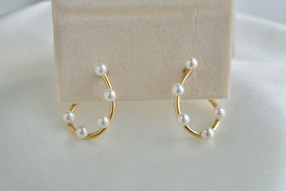 Rare Size 2.5mm Akoya Pearl Curved Hoop Earrings 18K Yellow Gold