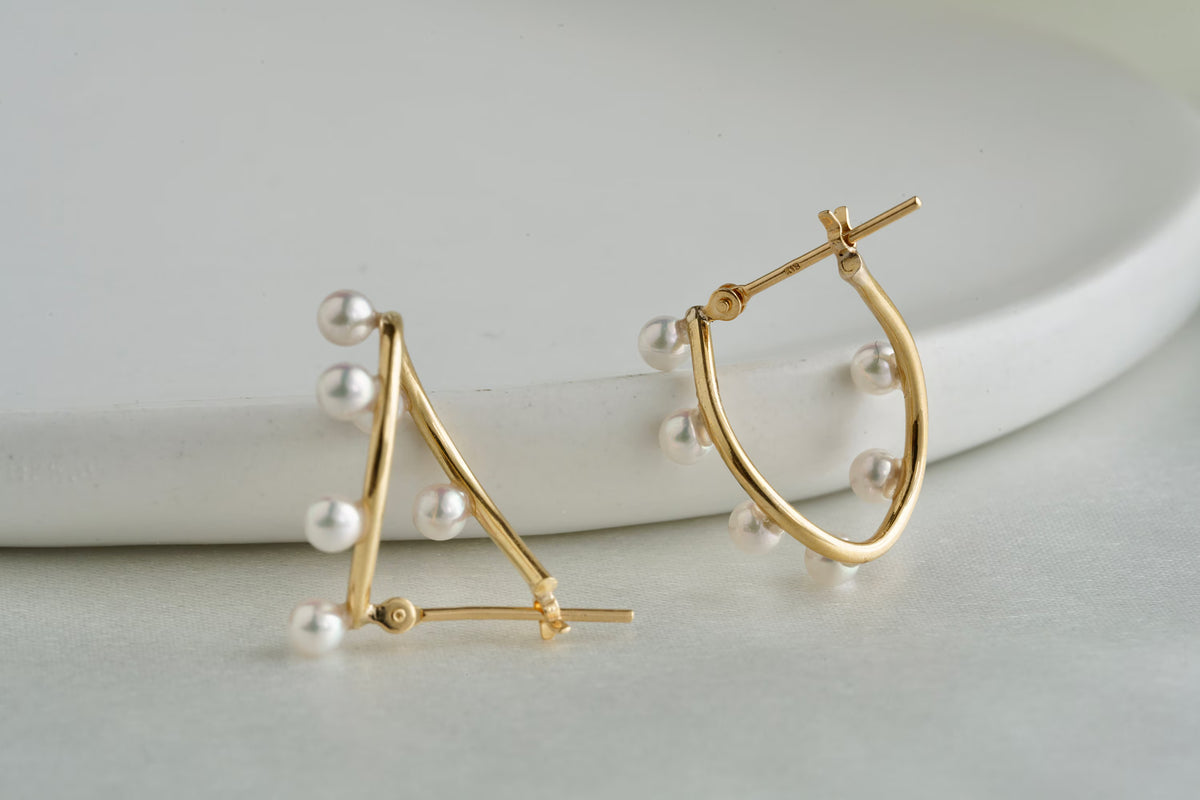 Rare Size 2.5mm Akoya Pearl Curved Hoop Earrings 18K Yellow Gold