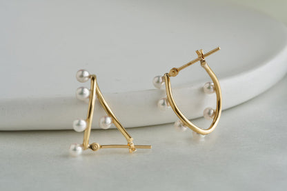 Rare Size 2.5mm Akoya Pearl Curved Hoop Earrings 18K Yellow Gold