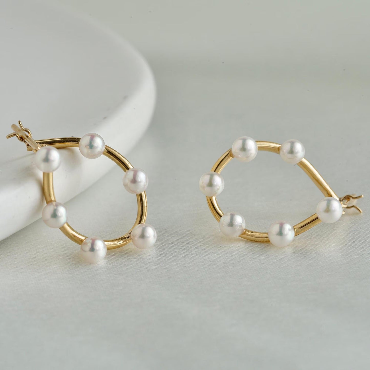 Rare Size 2.5mm Akoya Pearl Curved Hoop Earrings 18K Yellow Gold