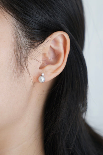 7.5mm Natural Silver Gray Akoya Pearl Diamond Stud Earrings 18K White Gold - KOKOPEARLJEWELRY - 2