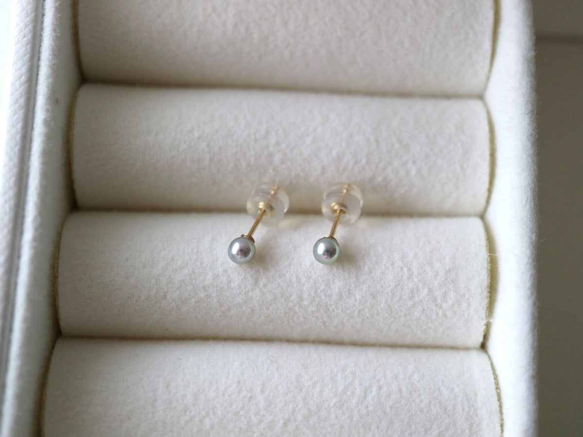 Rare Sized 3.5mm Silver Blue Akoya Pearl Stud Earrings 18K Yellow Gold - KOKOPEARLJEWELRY - 5