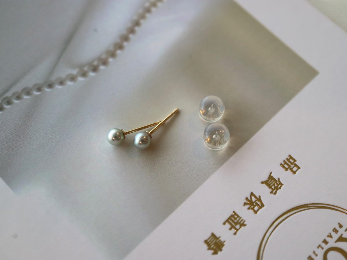 Rare Sized 3.5mm Silver Blue Akoya Pearl Stud Earrings 18K Yellow Gold - KOKOPEARLJEWELRY - 7