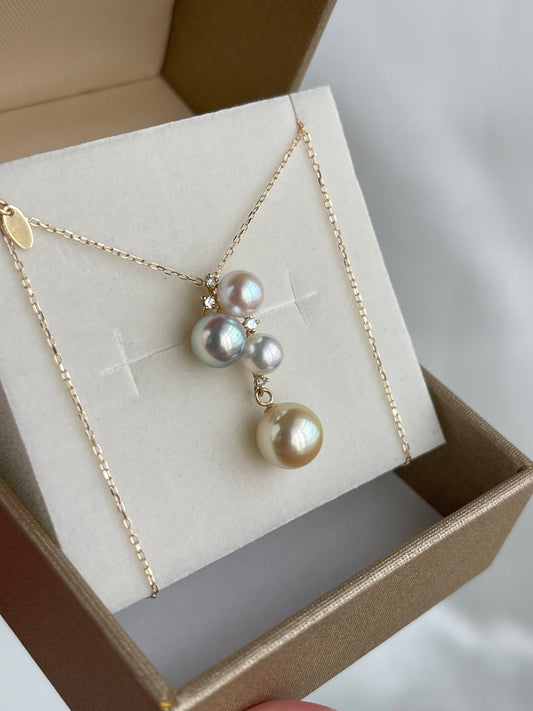18K Gold Mixed-Color Akoya Pearl Pendant Necklace with White Diamond