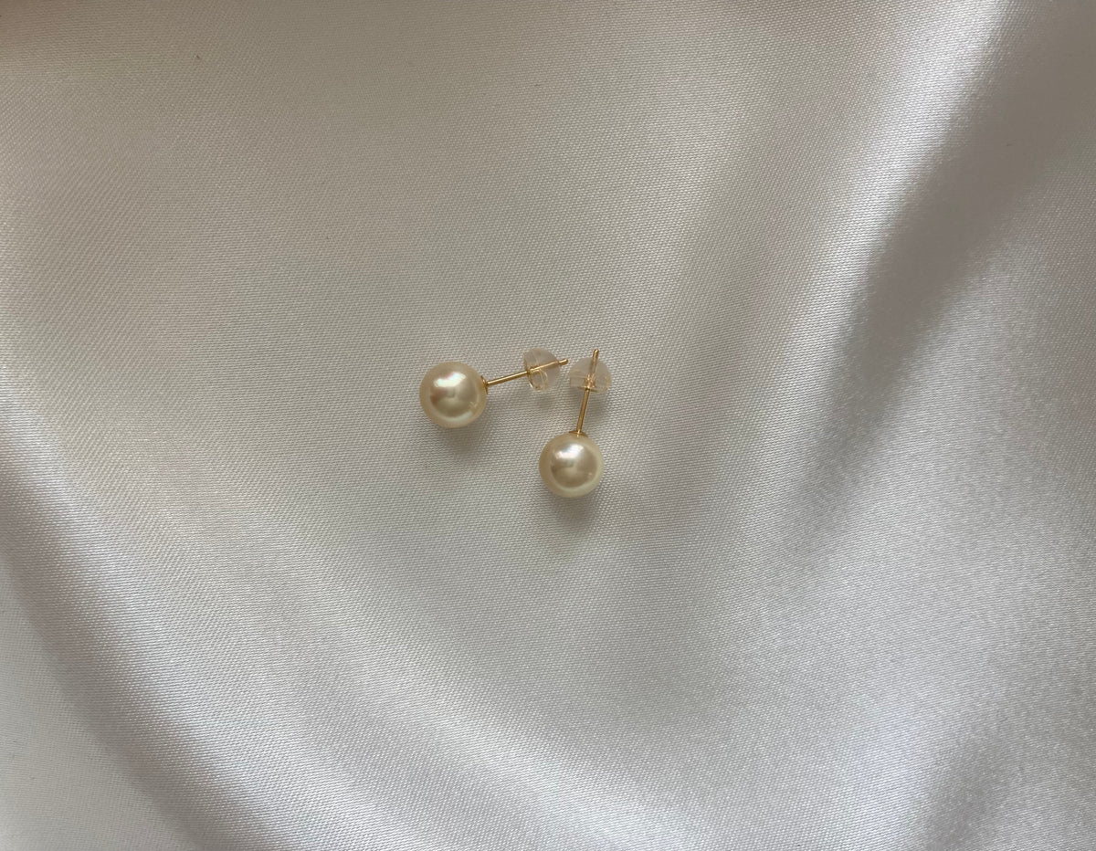 Pierced/Clip-On Type | 6.5mm 7.5mm Natural Cream Golden Akoya Pearl Earrings 18K Gold