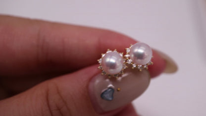 6.5mm Akoya Pearl Diamond Halo Stud Earrings 18K Solid Gold