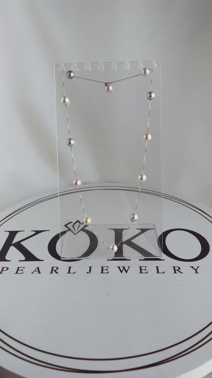 Rainbow Color 7.5mm Akoya Pearl Station Necklace 18K Gold