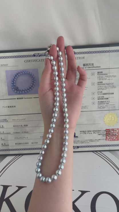 Certified Natural Silver Blue 8mm Akoya Pearl Strand Necklace