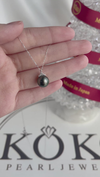 10mm Tahitian Pearl Crown Diamond Pendant Necklace 18K White Gold