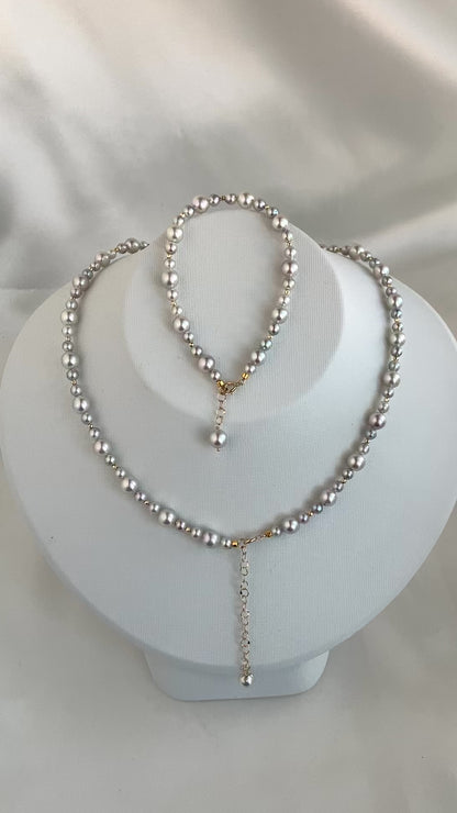 4+6mm 天然シルバーブルーアコヤ真珠ビーズネックレス＆ブレスレット 18Kゴールド