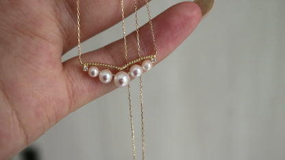 3-5.5mm Gradient Sized Akoya Pearl Diamond Bar Pendant Necklace 18K Yellow Gold
