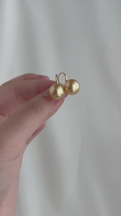 Golden South Sea Pearl Drop Earrings – 10 mm, 18K Yellow Gold