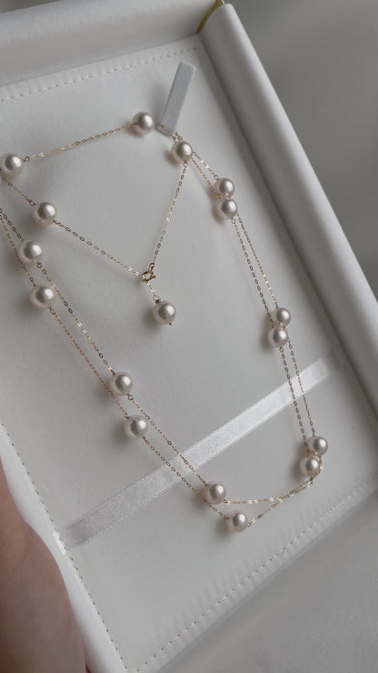 90cm 8mm Akoya Pearl Station Long Necklace 18K Yellow Gold