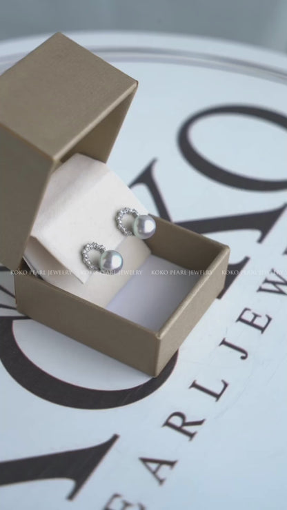 7mm Silver Blue Akoya Pearl Diamond Halo Stud Earrings Pt900 Platinum