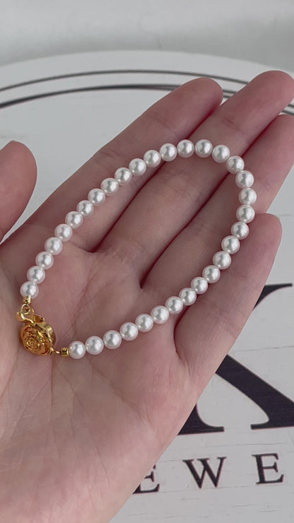 4.5mm Akoya Pearl Beaded Bracelet Rose Shaped Clasp