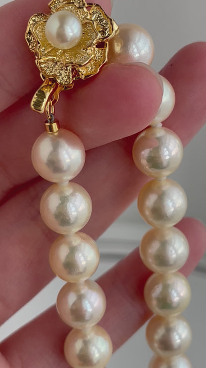 Rare Size 9mm Cream Golden Akoya Pearl Strand Necklace