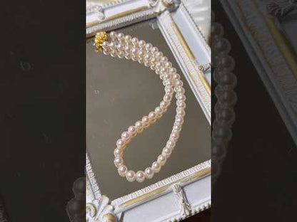 僅此一件 | 罕見桃粉色 7.5mm Akoya 珍珠串項鍊，金色花朵扣