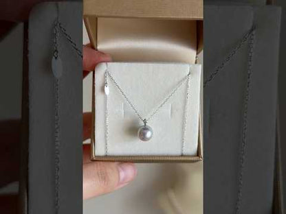 8.0mm Natural Silver Gray Akoya Pearl Diamond Pendant Necklace 18K White Gold