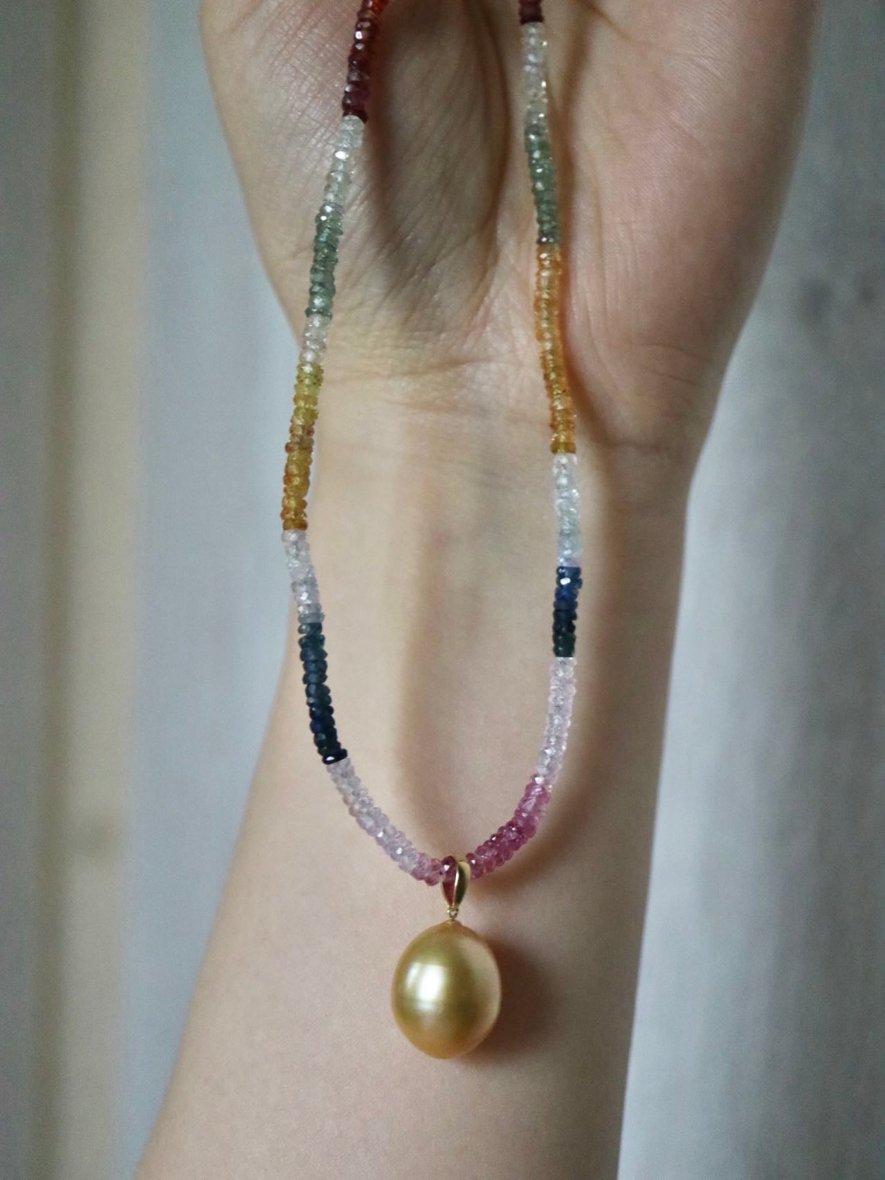 Detachable Golden South Sea Pearl Pendant Rainbow Color Sapphire Beads Necklace 18K Yellow Gold