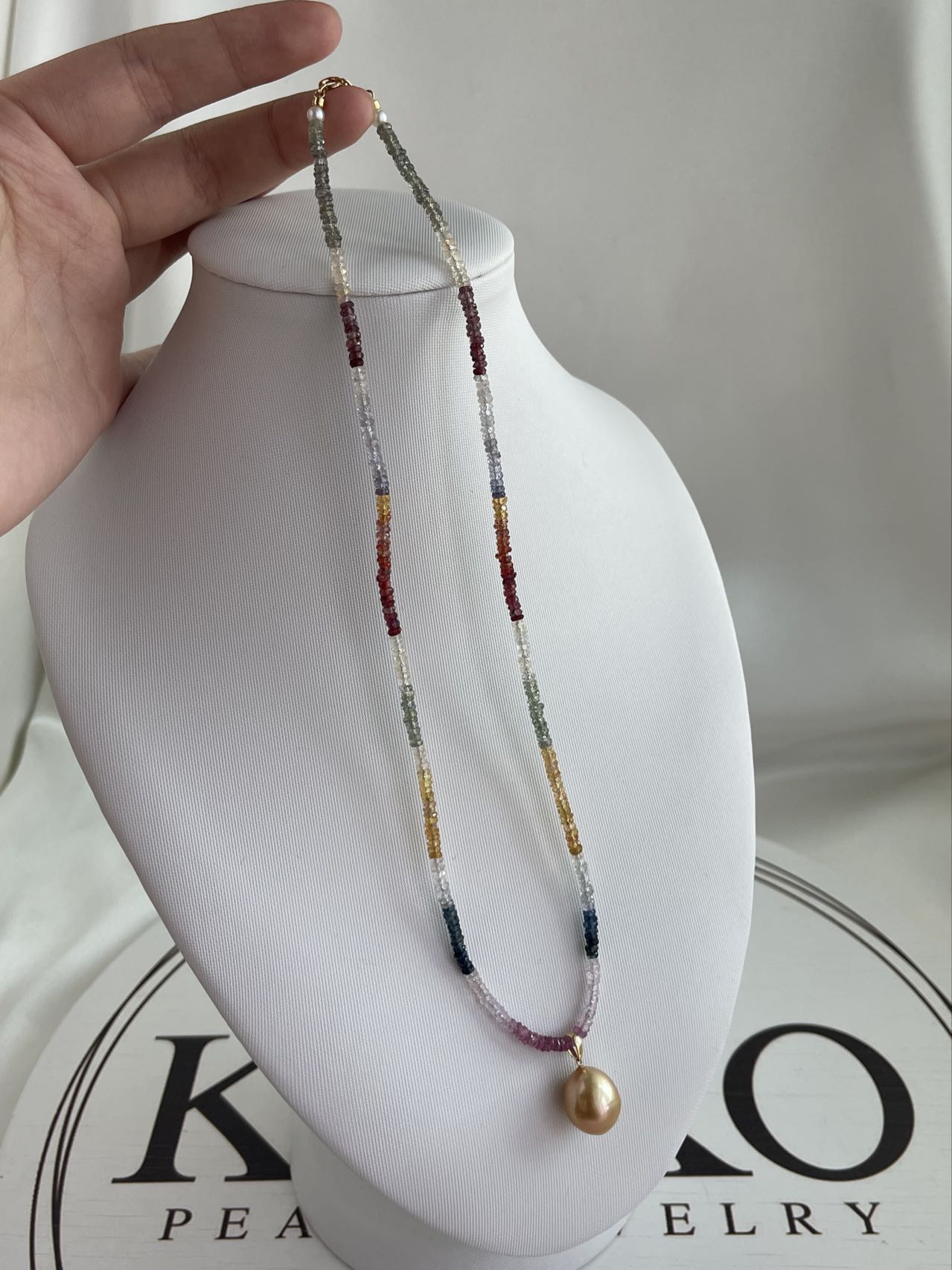 Detachable Golden South Sea Pearl Pendant Rainbow Color Sapphire Beads Necklace 18K Yellow Gold
