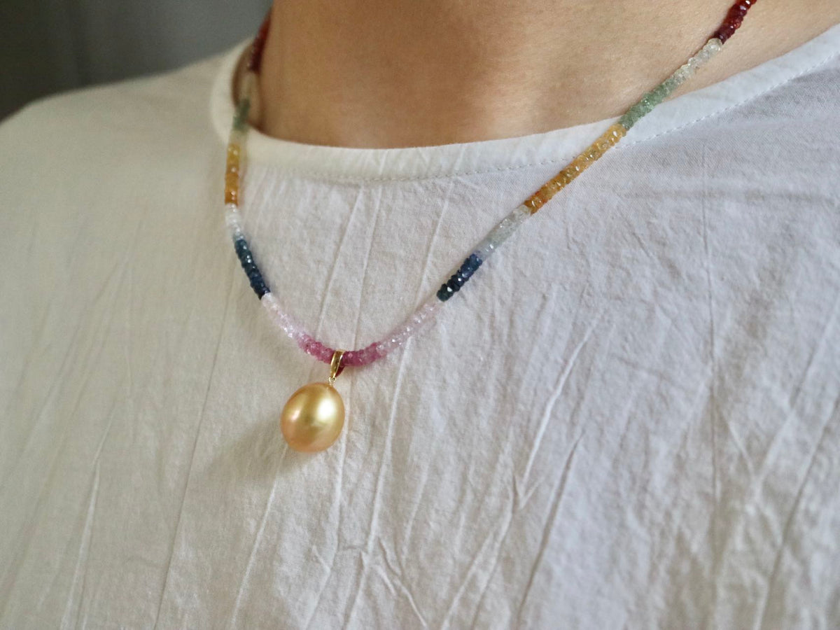 Detachable Golden South Sea Pearl Pendant Rainbow Color Sapphire Beads Necklace 18K Yellow Gold