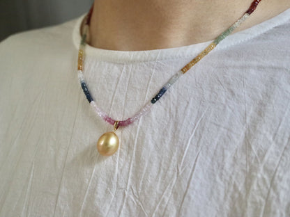 Detachable Golden South Sea Pearl Pendant Rainbow Color Sapphire Beads Necklace 18K Yellow Gold - KOKOPEARLJEWELRY - 3