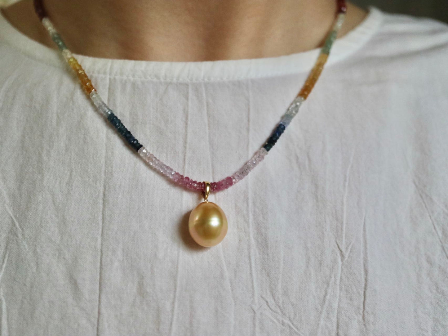 Detachable Golden South Sea Pearl Pendant Rainbow Color Sapphire Beads Necklace 18K Yellow Gold