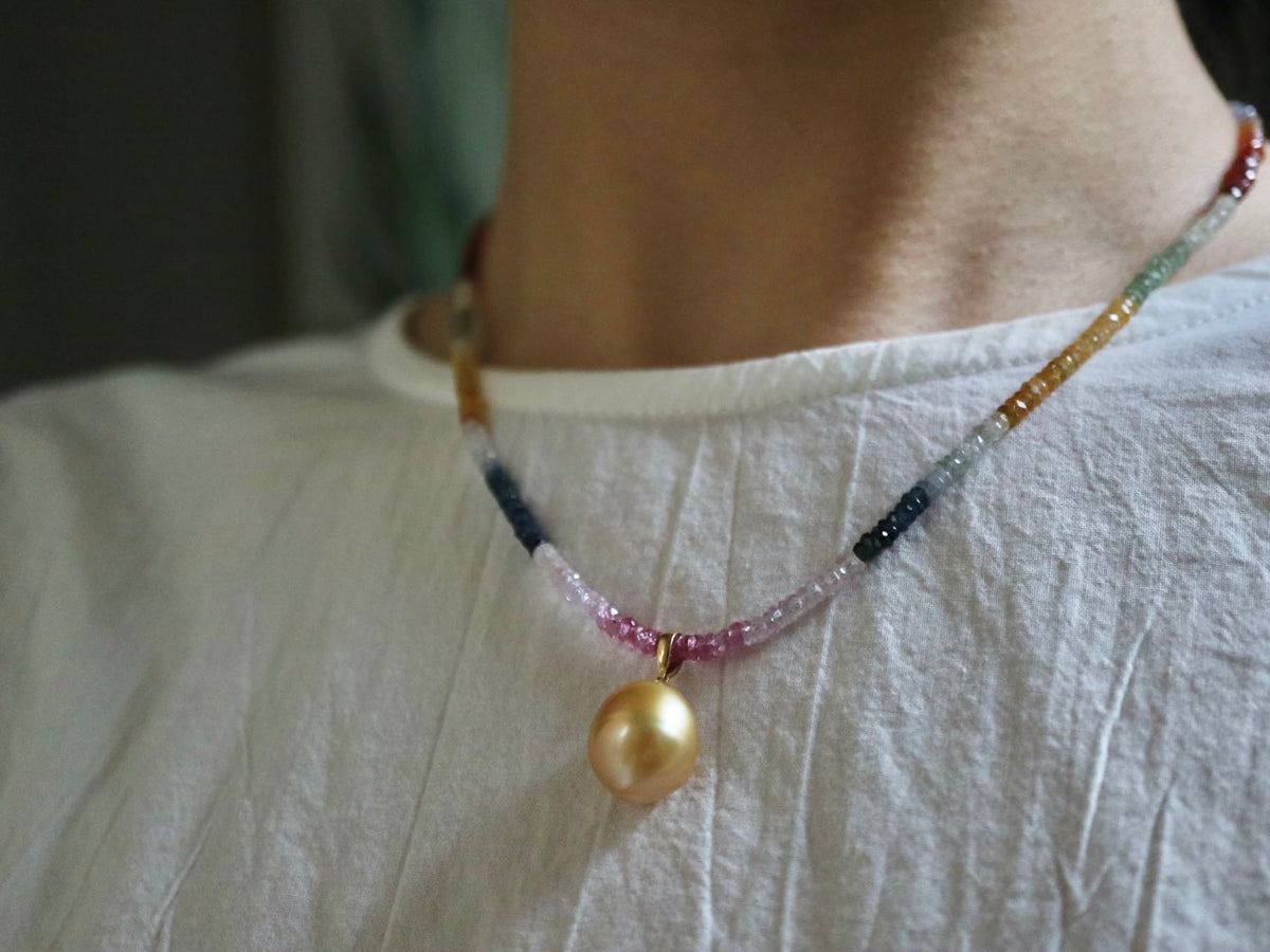 Detachable Golden South Sea Pearl Pendant Rainbow Color Sapphire Beads Necklace 18K Yellow Gold