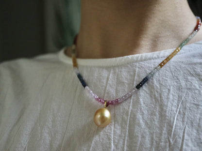 Detachable Golden South Sea Pearl Pendant Rainbow Color Sapphire Beads Necklace 18K Yellow Gold - KOKOPEARLJEWELRY - 4