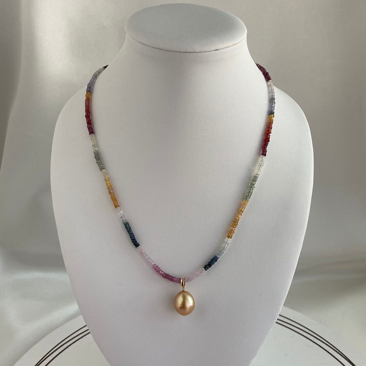 Detachable Golden South Sea Pearl Pendant Rainbow Color Sapphire Beads Necklace 18K Yellow Gold
