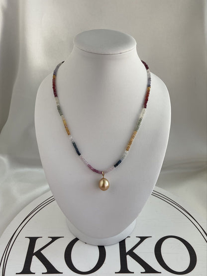 Detachable Golden South Sea Pearl Pendant Rainbow Color Sapphire Beads Necklace 18K Yellow Gold - KOKOPEARLJEWELRY - 6