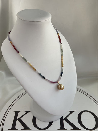 Detachable Golden South Sea Pearl Pendant Rainbow Color Sapphire Beads Necklace 18K Yellow Gold - KOKOPEARLJEWELRY - 7