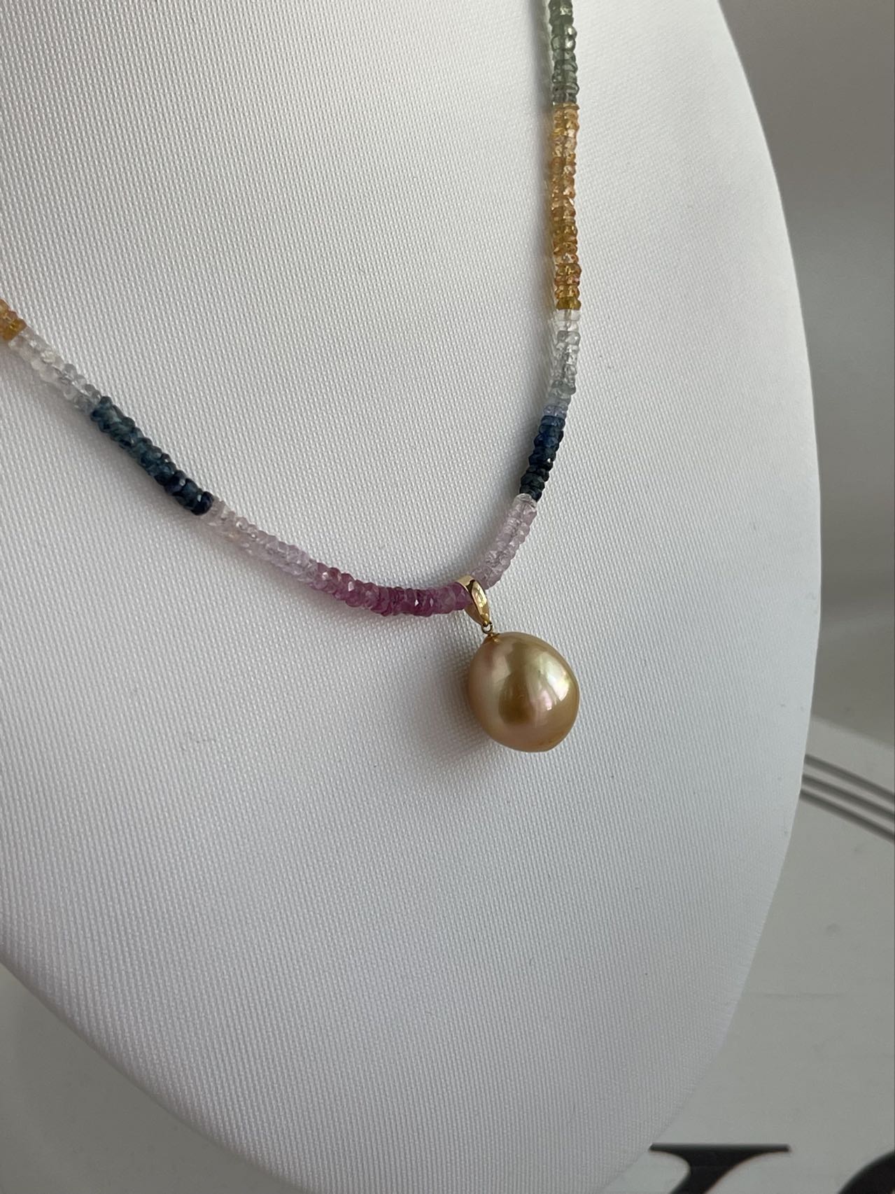Detachable Golden South Sea Pearl Pendant Rainbow Color Sapphire Beads Necklace 18K Yellow Gold