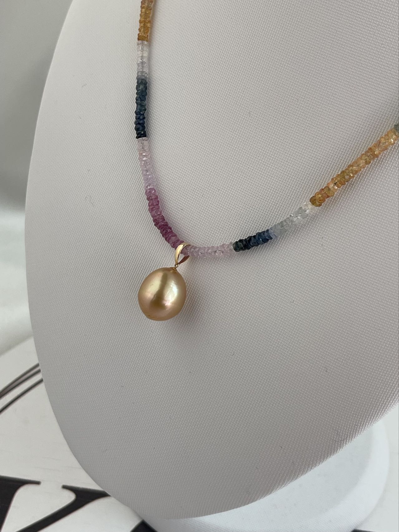 Detachable Golden South Sea Pearl Pendant Rainbow Color Sapphire Beads Necklace 18K Yellow Gold