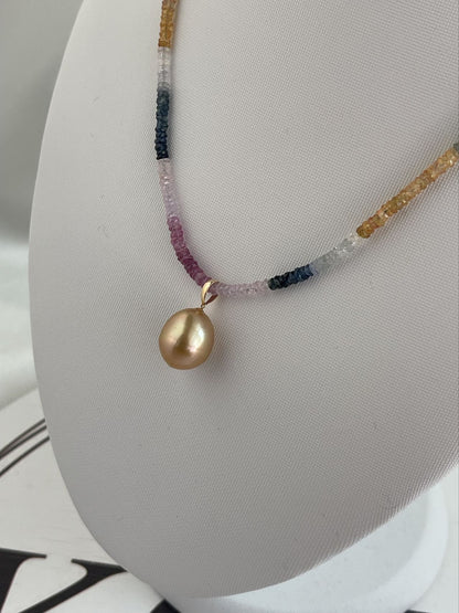 Detachable Golden South Sea Pearl Pendant Rainbow Color Sapphire Beads Necklace 18K Yellow Gold - KOKOPEARLJEWELRY - 9