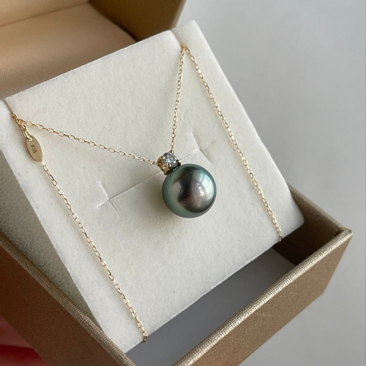 10mm Black Tahitian Pearl Diamond Pendant Necklace 18K Gold