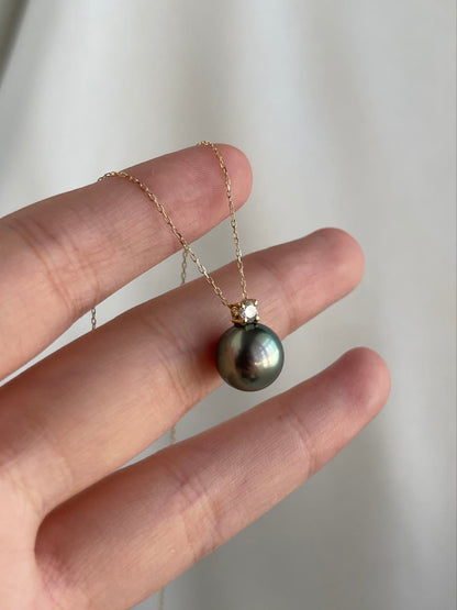 10mm Black Tahitian Pearl Diamond Pendant Necklace 18K Yellow Gold - KOKOPEARLJEWELRY - 5