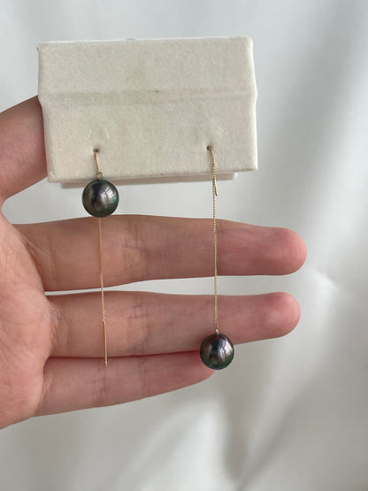 8-9mm Tahitian Pearl String Earrings 18K Yellow Gold