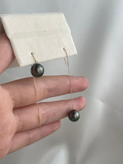8-9mm Tahitian Pearl String Earrings 18K Yellow Gold