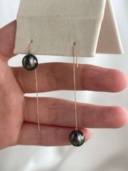 8-9mm Tahitian Pearl String Earrings 18K Yellow Gold