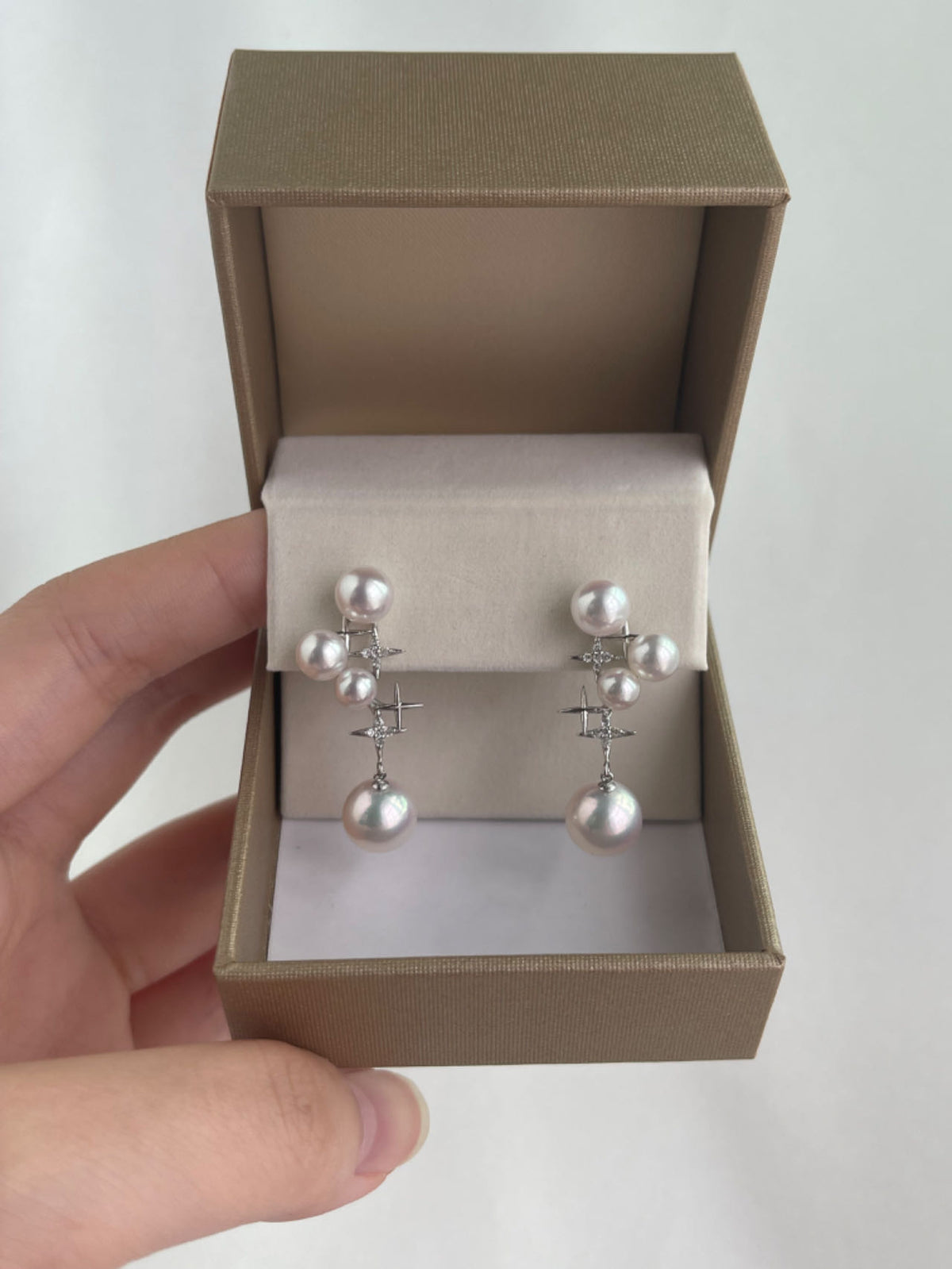 Mirror Like Lustre 4.5-9.0mm Akoya Pearl Diamond Starry Drop Earrings 18k White Gold