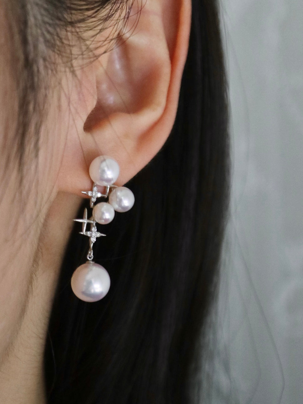 Mirror Like Lustre 4.5-9.0mm Akoya Pearl Diamond Starry Drop Earrings 18k White Gold