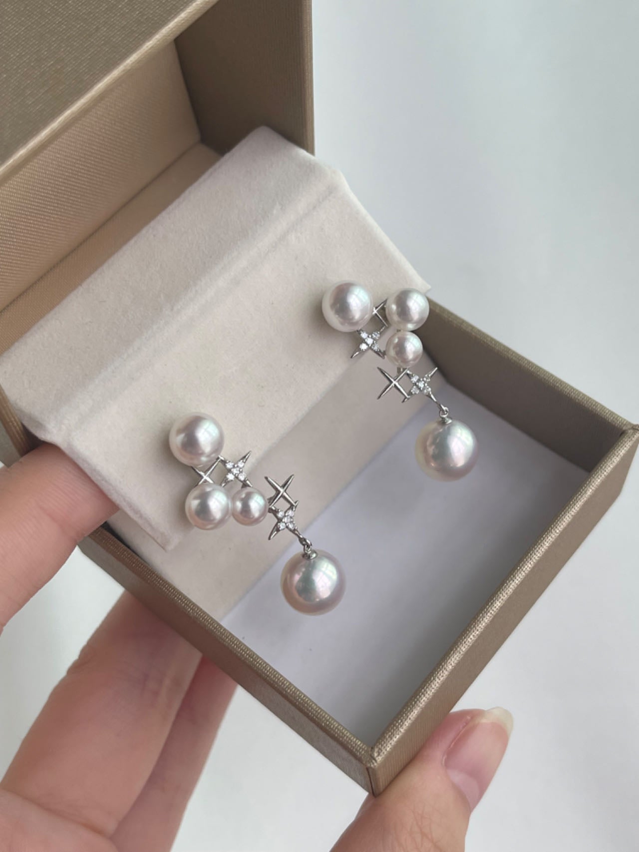 Mirror Like Lustre 4.5-9.0mm Akoya Pearl Diamond Starry Drop Earrings 18k White Gold