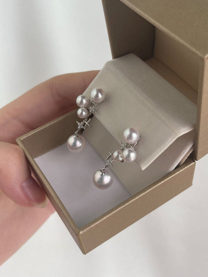 Mirror Like Lustre 4.5 - 9mm Akoya Pearl Diamond Starry Drop Earrings 18k White Gold - KOKOPEARLJEWELRY - 7