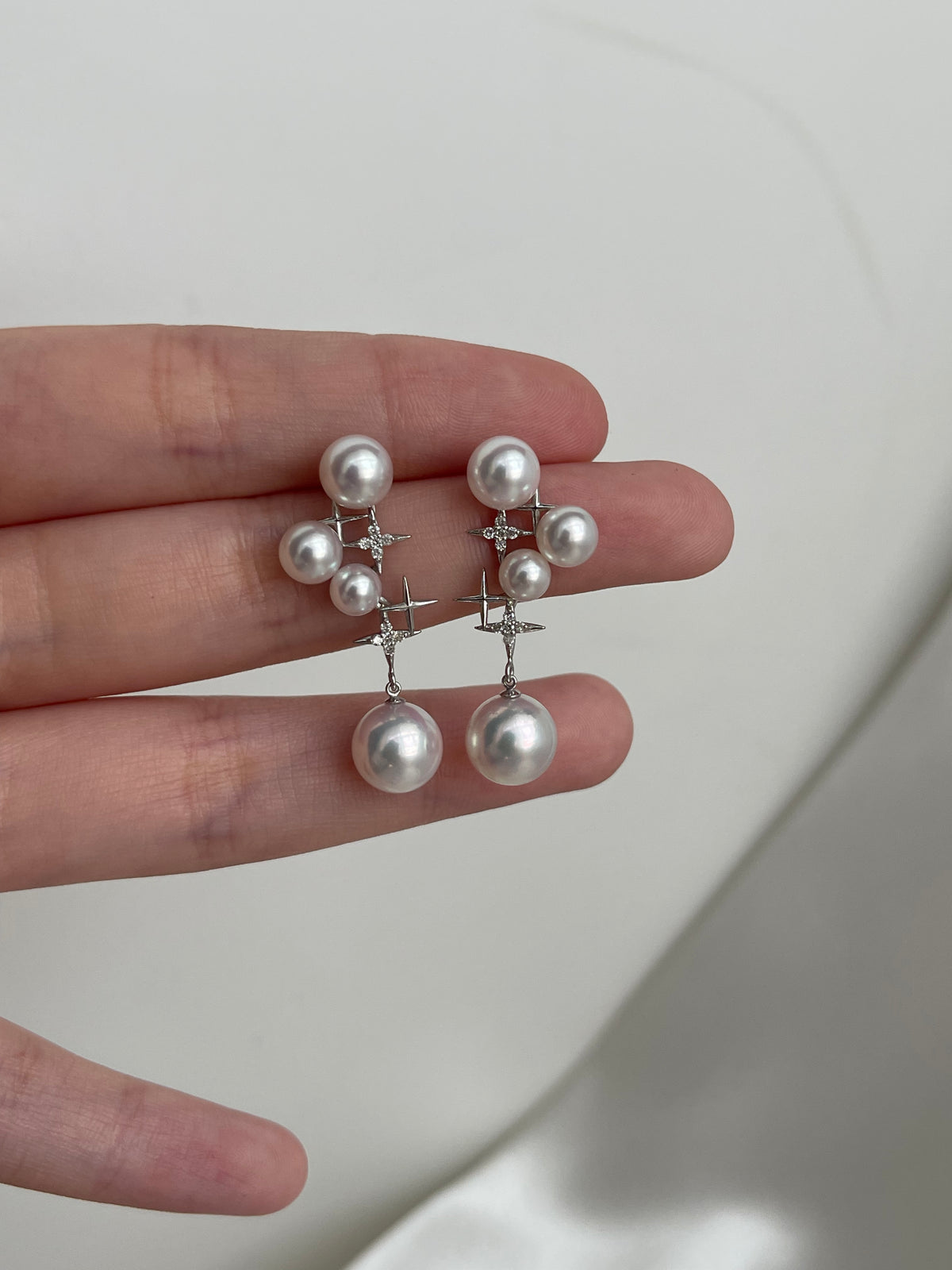 Mirror Like Lustre 4.5-9.0mm Akoya Pearl Diamond Starry Drop Earrings 18k White Gold