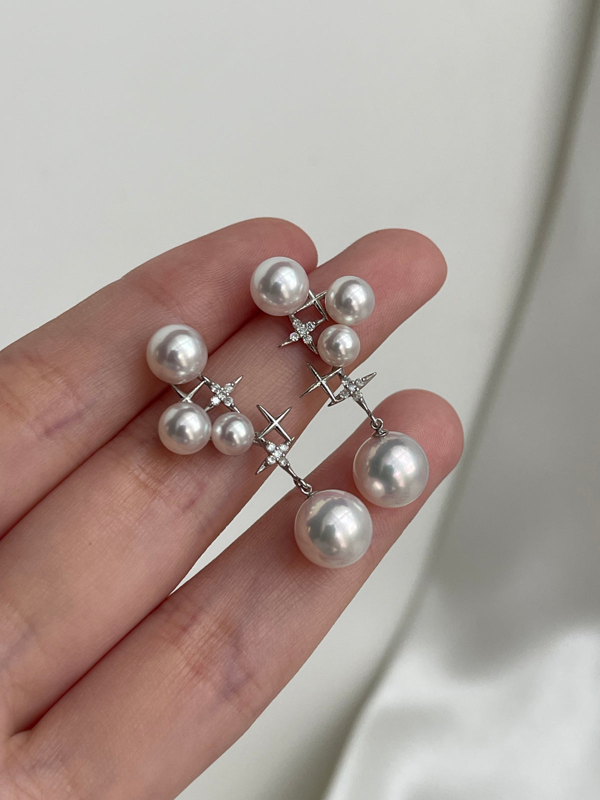 Mirror Like Lustre 4.5-9.0mm Akoya Pearl Diamond Starry Drop Earrings 18k White Gold